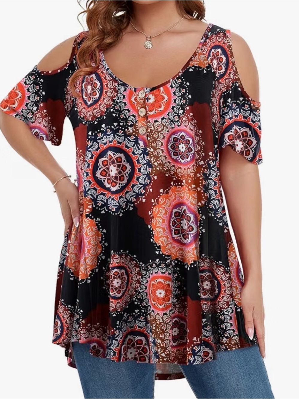 LARA Black & Rust Cold-Shoulder Floral Medallion Tunic